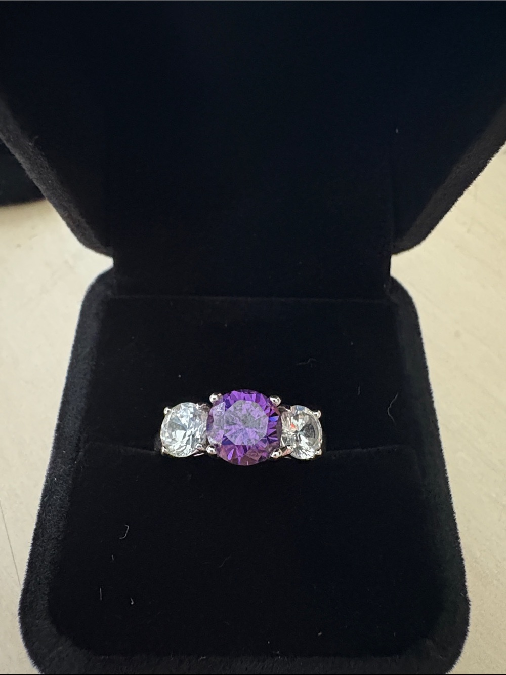 925 Silver Three-Stone Purple Amethyst and CZ Accent Ring - Women Jewelry